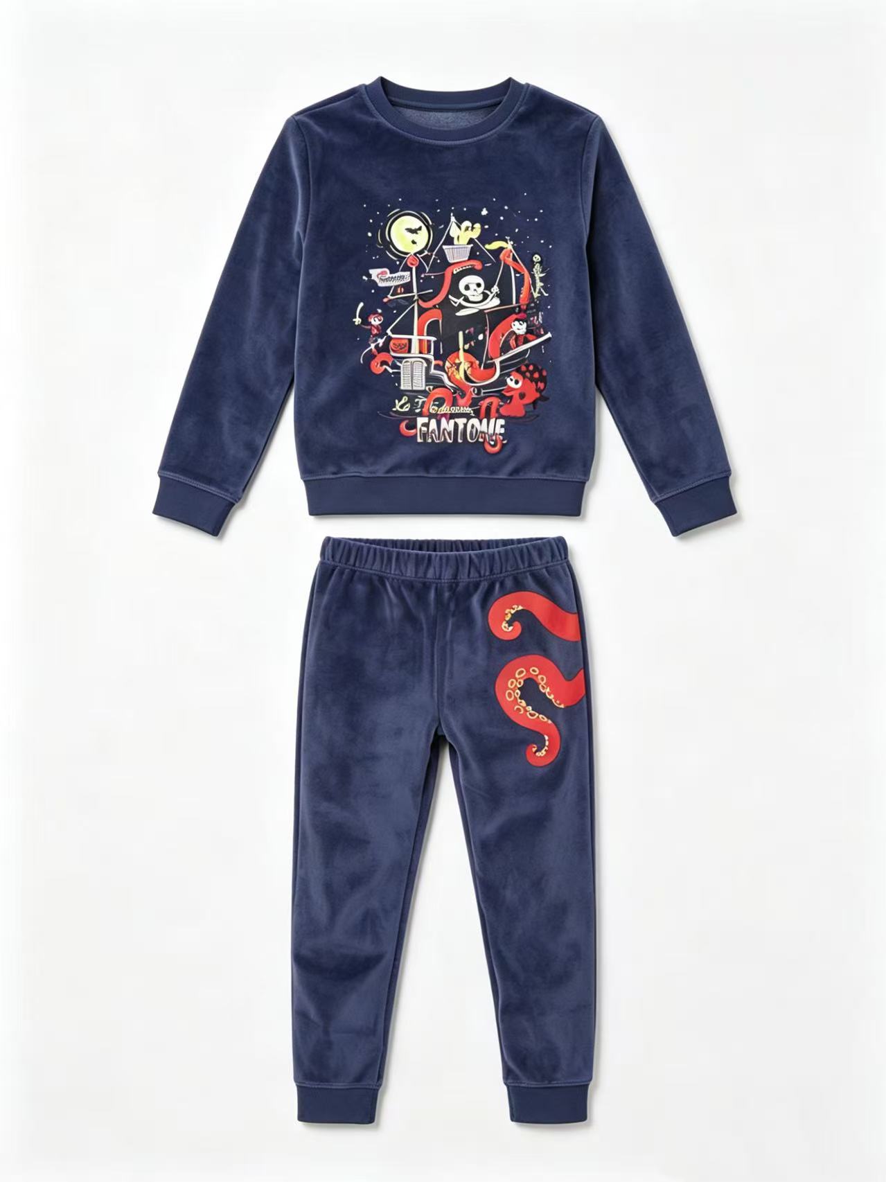 Pirate Octopus Print Kids Velvet Tracksuit